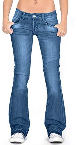 Jeans elásticos de tiro medio para mujer, corte de bota acampanado, ajuste curvo, clásicos desgastados, pierna ancha, resistentes y duraderos con bolsillos