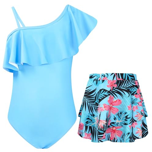 JiAmy Maillot de Bain Une pièce pour Fille Maillot de Bain Une épaule à Volants avec Jupe Protection Solaire UV Maillot de Bain Floral pour Fille 6-7 Ans