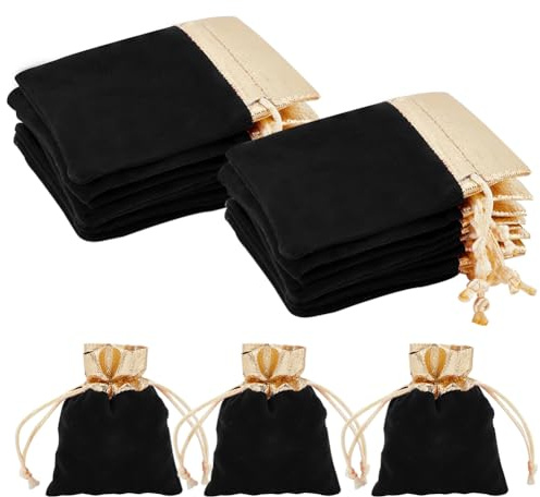 Beebeecraft 25 pochette à Bijoux en Velours avec Sacs D'Emballage Cadeau Noirs Ouverts Dorés avec Cordon de Serrage de 10x7 cm pour L'Emballage de Cadeaux de Fête de Bijoux pour la Saint Valentin la