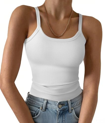 GKBK Women's White Ribbed Tank Top Spaghetti Strap Scoop Neck Basic Camisole for Going Out Workout Gym Athlete XS