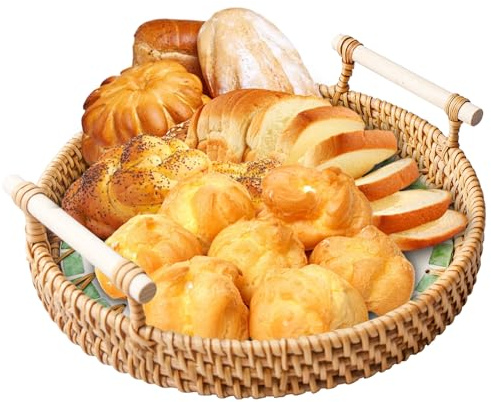 Plateau de service en rotin tissé à la main avec poignées de style bohème - Plateau décoratif rond avec coquillage, plateau tissé pour petit-déjeuner, desserts, fruits, bougies - 24 x 3 cm