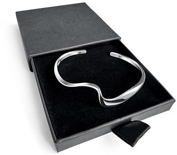 Pulsera de plata de ley 925 con ondas para mujer, puño moderno ajustable, diseño minimalista hecho a mano, brazalete de par pulido en caja de regalo