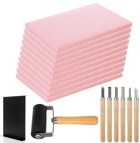 STARVAST 10PCS 4x6 Inch Linoleum Carving Blocks for Printmaking, Rubber Linocut Block Stamp Making Kit with Wood Carving Tools, Rubber Brayer Roller, Construction Platform, for DIY Crafts