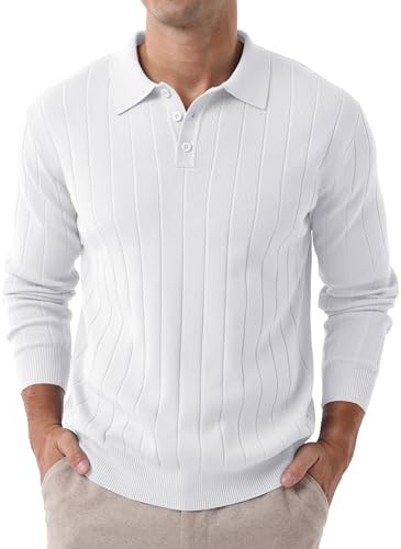 Hisir Jersey de punto para hombre con cuello polo, suéter de punto, polo de punto, manga larga, suéter de punto fino, suéter ligero para trabajo, suéter de invierno, Blanco, XXL