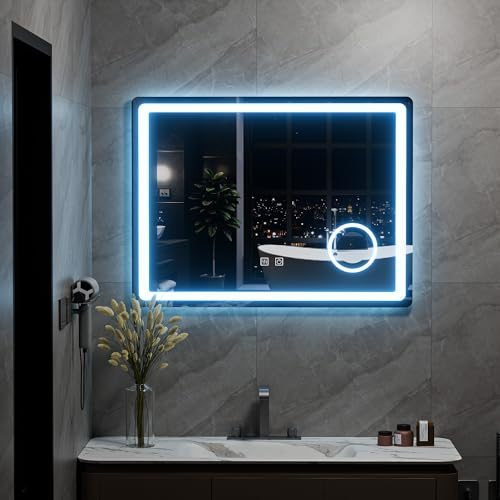 Ztexkee Specchio Bagno con Luce e Antiappannamento 80x60 cm Rettangolare LED Specchi da Parete per Bagno con 10x Magnifier Regolabile in 3 colori