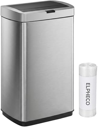 ELPHECO 13.2 Gallon Trash Can with Lid Motion Sensor, 50 Litre Brushed Stainless Steel Kitchen Trash Can Automatic with 10 Bags, Upgraded Silent-Closing, Fingerprint-Resistant, Kitchen, Office, Silver