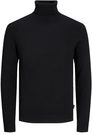 JACK & JONES Hombres Jersey Fino de Cuello Alto clásico Suéter de Cuello Redondo Manga Larga básico JJEEMIL., Color:Negro, Talla Sudadera:M