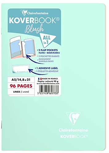 Clairefontaine 961773C - One Koverbook Stapled Notebook Blush Water Mint - Dimensions: A5 14,8x21 cm - 96 Lined Pages - White Paper 90 g - Polypro Cover