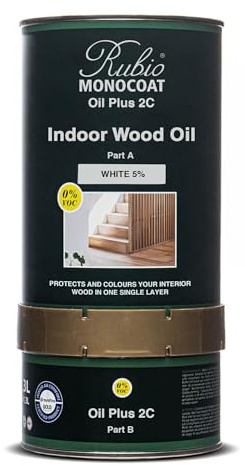 Huile pour bois Rubio Monocoat 52 m² - Blanc 5% | Oil Plus 2C | Huile de lin pour bois écologique à séchage rapide pour l'intérieur, avec accélérateur (partie B) | Protecteur | 1,3L