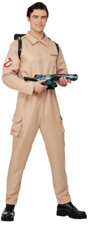 Smiffys Ghostbusters Men's Costume for Adults, Jumpsuit and Inflatable Backpack, Beige, Officially Licensed, Perfect for Halloween, Groups, and 80s Theme Fancy Dress Events