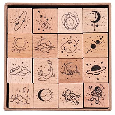 RISYPISY 16 Stück Vintage Holzstempel, Universe & Galaxy dekorative Stempelset, Holzstempel für Kunsthandwerk, Bullet Journals, Kartenherstellung, Scrapbooking
