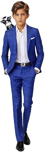 Black n Bianco Boys' First Class Slim Fit Suits Lightweight Style. Presented by Baby Muffin (18, Windowpane Blue)