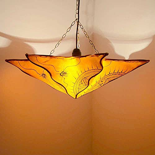 210213 Suspension orientale en forme d'étoile Orange 60 x 34 cm Grand (D x H) Lampe en cuir Henné Lampe suspendue au-dessus de la table Abat-jour en cuir véritable Armature en métal