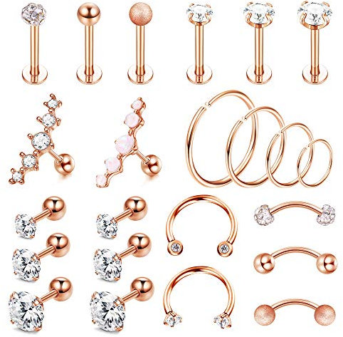 Kakonia 23 Stück 16G Piercing Ohr Set Silber Rosegold Helix Tragus Piercing Ohrringe für Frauen Chirurgenstahl Knorpel Rook Conch Daith Piercing Ohrschmuck CZ Barbell Labret Piercing Schmuck
