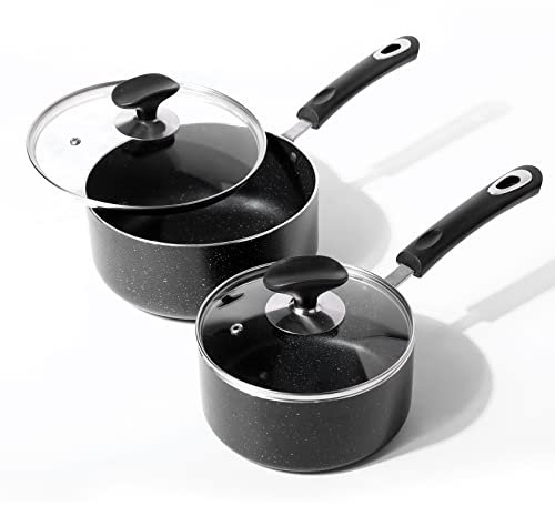 RATWIA Nonstick Saucepan Set - 1.5 Quart and 2.5Quart,Ultra Non Stick Sauce Pan Small Pot with Glass Lid,Great for Home Kitchen Restaurant,Black