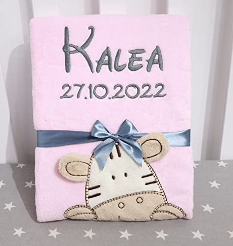 BotoBaby® - Babydecke mit Namen und Geburtsdatum - Geschenk Taufe Geburt ★ (Rosa - Zebra)