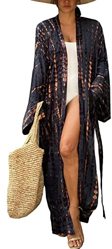 HYUET strandplagg för dam, elegant lång kimono med batikmönster dam sommar strandklänning bikini överdrag cardigan lång ärm bohemisk kaftan tunika topp för semester