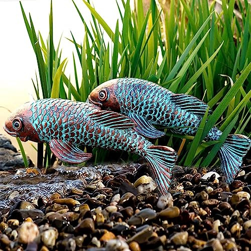 VKEVOC Set of 2 Antique Koi Fish Statue, Outdoor Garden Sculpture for Patio, Backyard, Pond, and Home Decor