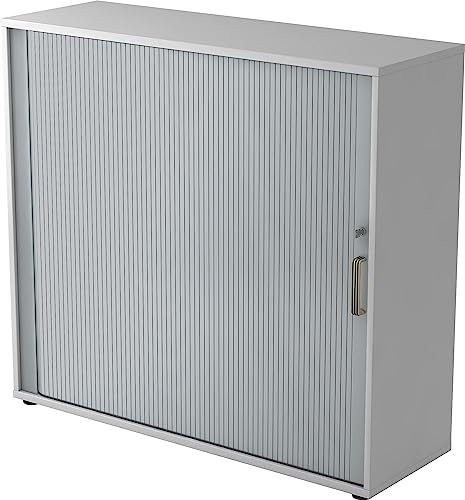bümö Aktenschrank abschließbar mit Rollladen, Rollladenschrank für Ordner & Co. - Büroschrank mit Rollo, abschließbarer Ordnerschrank aus Holz in Grau/Silber mit Streifengriff