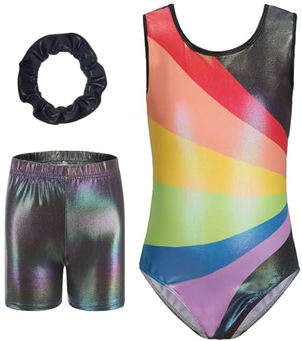 Happy Cherry Turnanzug Mädchen Ärmellos Kinder Gymnastikanzug mit Shorts Glänzend Gymnastik Kleidung Set Ballett Trikot Tanzkostüme 11-12 Jahre