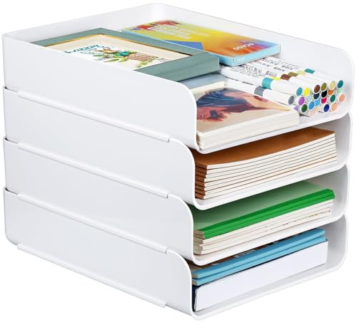 Greentainer 4-Stöckige Ablagekorb für A4, Dokumentenablage aus PET Kunststoff, Stapelbare Schreibtisch Organizer Briefkorb, Briefablage,A4-Papierablage für Zuhause,Büro,Schule(4pcs Weiß)