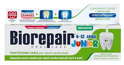 Biorepair, Dentifricio Junior 6-12 anni, 12 Confezioni da 75 ml, Dentifricio per Bambini senza Fluoro, con Vitamina E, Antiossidante, per Gengive Sane, Rinfrescante Gusto Menta