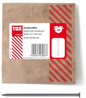 TOX Chiodi a filo 2,5x60 mm con testa svasata per giunzioni semplici in legno e superfici piane, acciaio nudo, 20 pezzi in confezione di carta richiudibile ed ecologica, 063600158