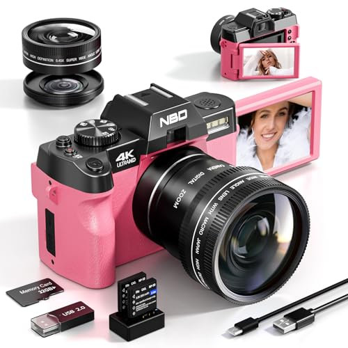 NBD Digitalkamera 4K 48MP Vlogging Kamera, Kameras für Fotografie mit Flipscreen, WLAN, 16X Digitalzoom, 32GB TF-Karte, 52mm Weitwinkel & Makroobjektive (Rosa)