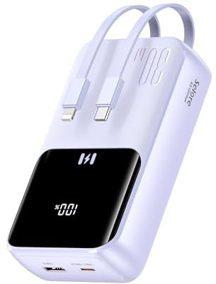 Batterie Externe, 20000mAh 30W Power Bank Charge Rapide, Chargeur Portable USB C Powerbank Grande Capacité avec Câble Intégré, 4 Sorties pour iPhone 17 16 15 14 13, Galaxy, Macbook, Voyage Accessoires