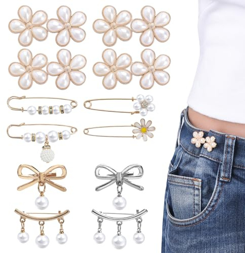 ZZXLLRO 12 Sets Pant Waist Tightener Pearl Flower No Sew Metal Jeans Buttons for Loose Jeans for Women Girls Clothing Dresses Skirts