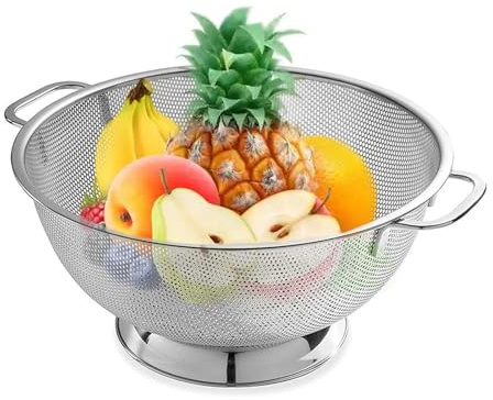 Colador de Acero Inoxidable para Cocina - Escurridor de Pasta Microperforado con Asas, Grande y Apto para Lavavajillas | Ideal para Verduras, Frutas, Bayas y Fideos (Φ 25.5 cm)