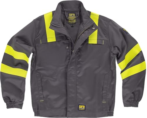 WORKTEAM B1196 Cazadora Ignífuga, Antiestática con protección para Soldadura y Arco Eléctrico, Visibilidad Realzada, Cintas Fluorescentes Amarillas y Triple Costura. Unisex Gris+Amarillo A.V. L