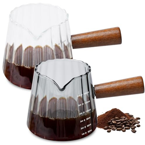 2 tazas de café con mango de madera, 180 ml, vasos de café con forma de V, vaso medidor de cristal con tapa, vaso medidor de cristal con mango de madera, vaso de café expreso con mango de madera para