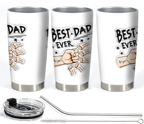 VEELU Personalised Dad Tumbler with Names 20oz Stainless Steel Insulated Travel Mug with Lid & Straw Custom Super Dad Gifts for Father's Day, Coffee Cup