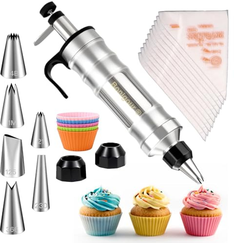 Bonigour Juego de jeringas para decoración de postres | Kit de tuberías de glaseado Herramientas de decoración 6 boquillas de glaseado | Kit de tuberías de glaseado de acero inoxidable, 5 cupcakes de