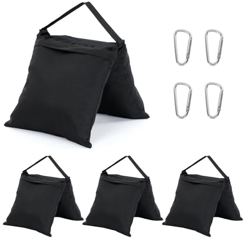 WISEPRO Lot de 4 sacs de sable robustes, 58 x 27 cm, sacs de sable vides pour studio photo, charge maximale de 9 kg pour pieds d'éclairage, trépieds, réflecteurs, boîtes à lumière (noir)
