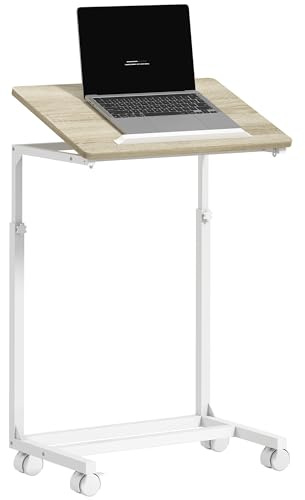 HOMCOM Tavolino Salotto ad Altezza Regolabile con Piano Inclinabile e 4 Ruote, Tavolino Porta PC in Legno e Metallo, Tavolino Laterale per Camera da Letto e Soggiorno, 55x36x62.5-82.5 cm, Rovere