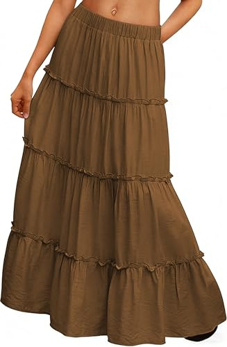 BEWECASU Women Vacation Outfits Long Skirts Boho Maxi Skirt Elastic High Waist Dress with Pockets(Brown,XS)
