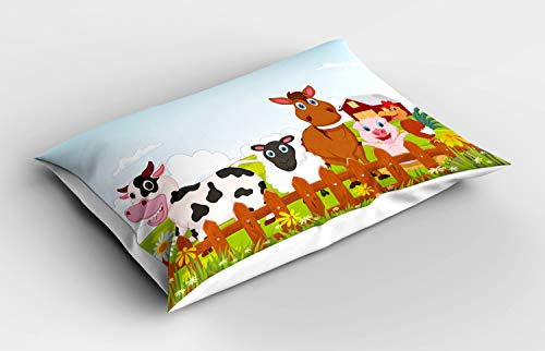 Lunarable Animal Pillow Sham, Farm Creatures with Cow Horse Goat Pig and Chicken by The Fences Kids Cartoon, Decorative Standard Size Printed Pillowcase, 26 X 20, Pale Brown