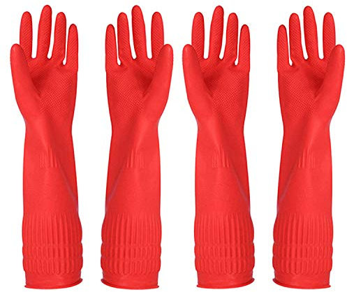YSLON Rubber Cleaning Gloves Kitchen Dishwashing Glove 2-Pairs and Cleaning Cloth 2-Pack,Waterproof Reuseable. (Red, Medium)