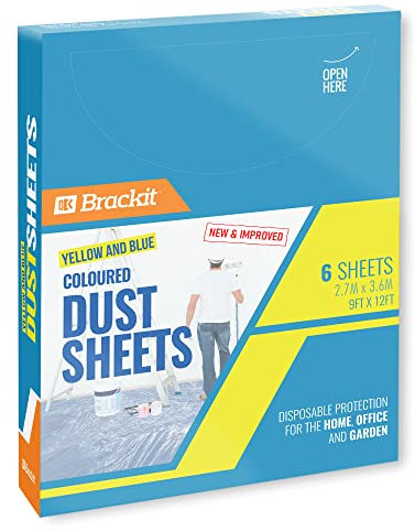 Brackit Premium Plastic Disposable Yellow & Blue Coloured Dust Sheets - 6-Pack 3.6m x 2.7m (12x9ft) - Polythene Dustproof Waterproof Drop Cloth