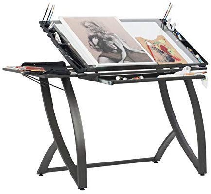 SD STUDIO DESIGNS Futura Luxe Drawing, Drafting, Craft Table with Drawer, 35 Wide Angle Adjustable Top and Side Shelf, Pewter Grey/Clear Glass