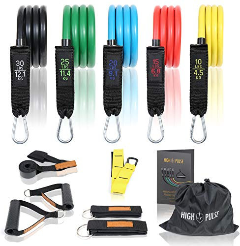 High Pulse® Widerstandsbänder Set mit 5 Stärken inkl. Fußschlingen, Handgriffe, Türanker, Expander und Übungsposter für das Fitness Training – Resistance Bands für Krafttraining, Homeworkout und Yoga