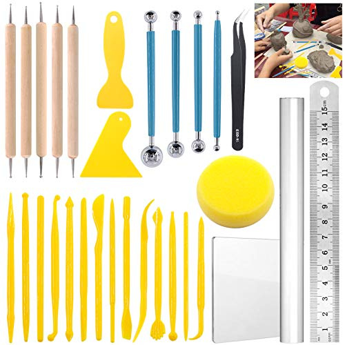 Glarks Lot de 30 outils de sculpture en argile avec outils de modelage en plastique, outils de modelage à double extrémité et stylet à bille pour embossage, coloration, nail art.