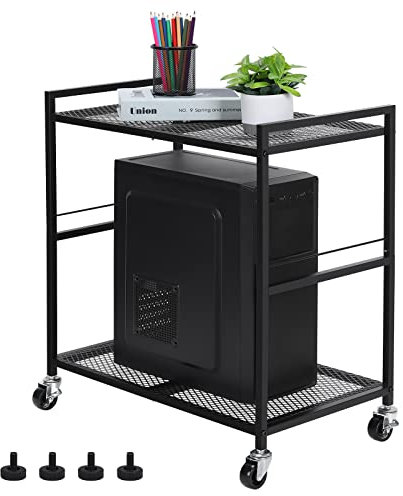 YBING, Computer-Turm-Ständer aus Metall, mobiler CPU-Halter mit Rollen, 2-stöckig, Lenkrollen, für Drucker, Faxgerät, zur Platzierung unter dem Schreibtisch, Home-Office, schwarz