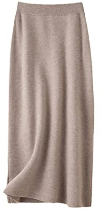 FULBHPRINT Gonne lunghe invernali in cashmere lavorato a maglia per donna, vita alta, lunghezza media, taglio a-line, fondo in lana, Khaki9, M