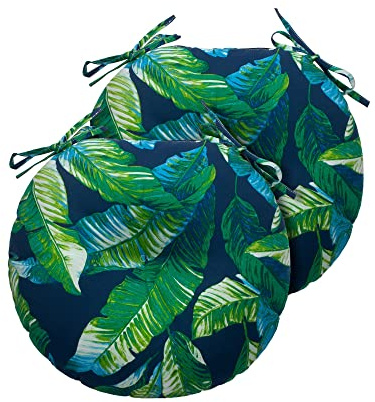 Magpie Fabrics 15 Round Bistro Seat Cushions with Ties, Set of 2, Waterproof All Weather Tufted 4 Thick Patio Chair Pads for Home Garden Dining Metal Stool - Green Lagoon Leaves