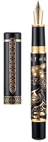 Hongdian 8037 Chinesischer klassischer Füllfederhalter, Iridum extra feine Goldfeder mit chinesischem Hirsch-Totem-Design, glattes Schreiben Stift mit Tintenkonverter und Stiftebox aus Metall