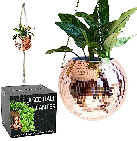 SCANDINORDICA Pot de Fleurs en Forme de Boule Disco. Comprend : Pot de Fleurs Disco avec chaîne, Suspension en macramé et Support en Acrylique pour Bureau, Insert Auto-arrosant, 25,4 cm, Or Rose