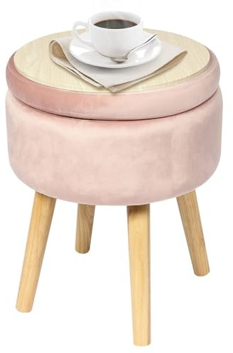 Bonlife Round Storage Ottoman Stool,Makeup Vanity Stool Side Table,Footrest Seat Toy Box Storage Coffee Table with Wool Legs,Pink,Velvet,36x36x45cm
